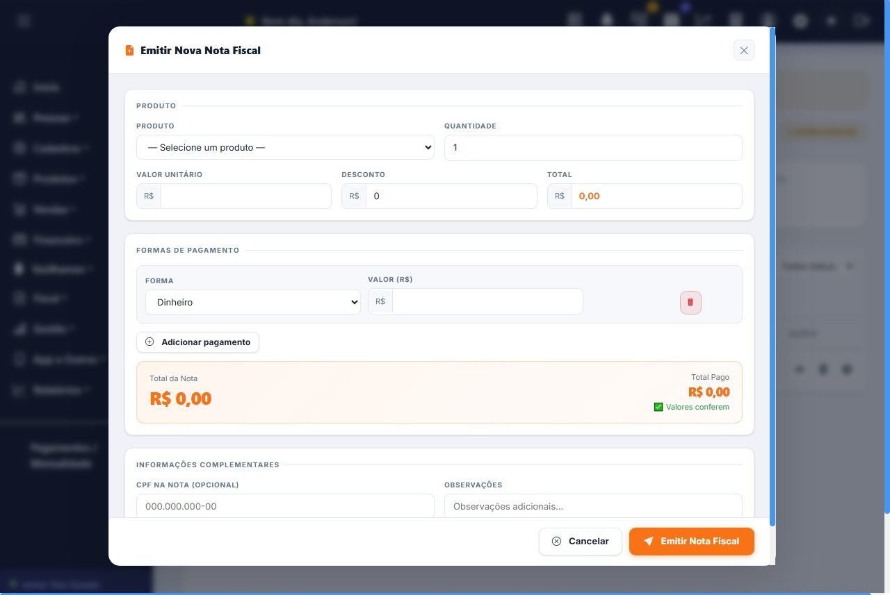 Tela de emissão de NFC-e no CyberGás