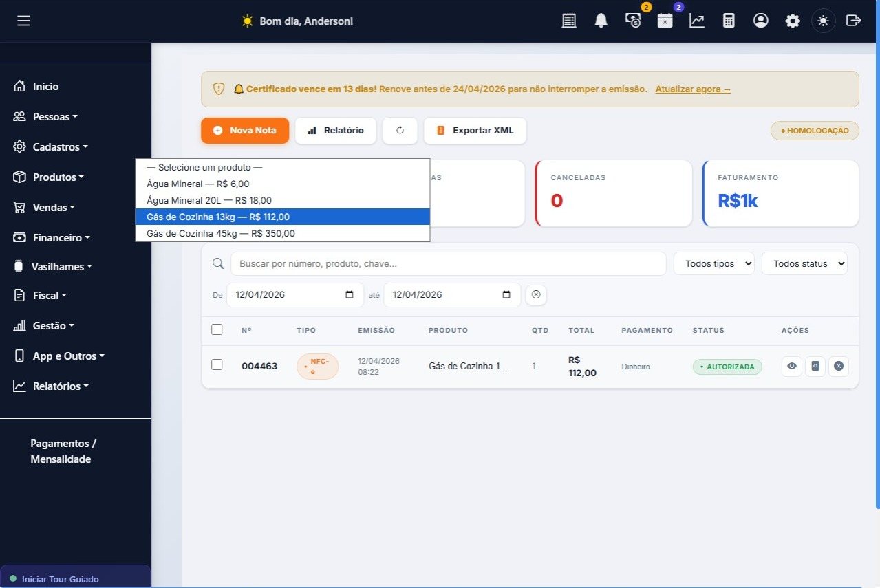 Seleção de produto para emissão da NFC-e no CyberGás